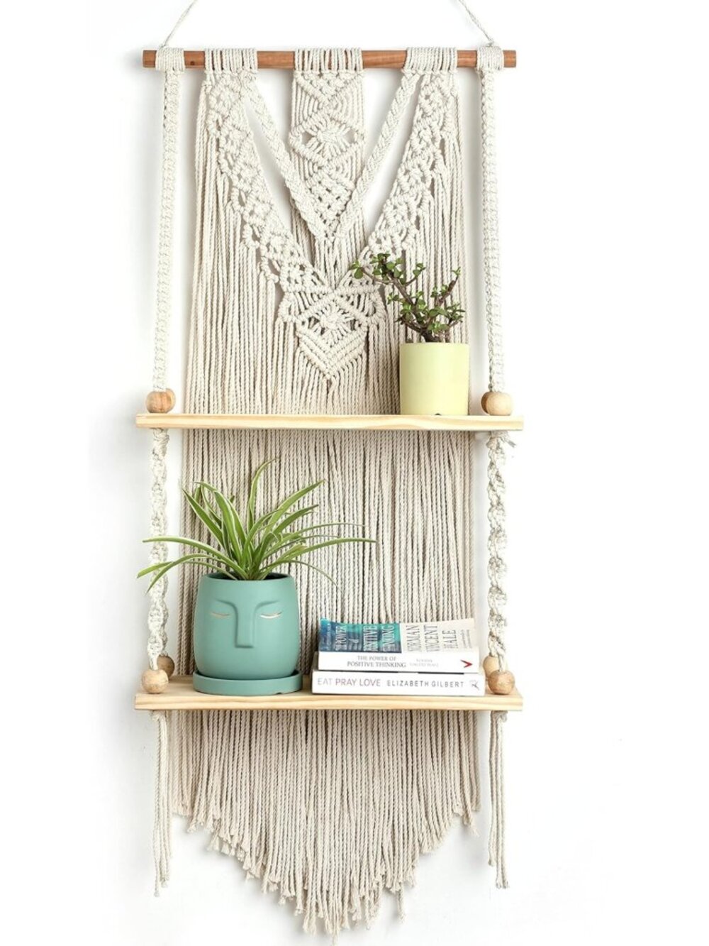 Boho Macrame Wall Hanging Shelf - 2 Tier Woven Rope Decor for Home & Plants